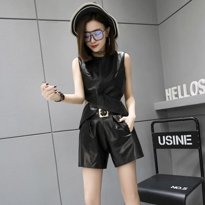 New Sexy Hollow Out Womens Sheepskin Vest Fashion Ladies Casual Sleeveless Tops Genuine Leather Vest Cross Strap Waistcoat