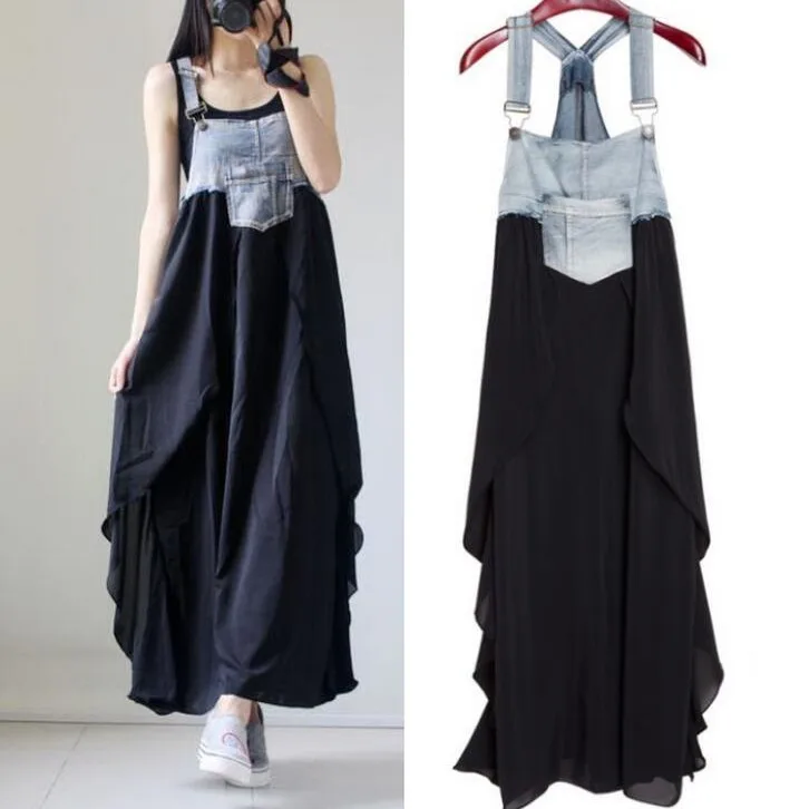 

2022 New Summer Women Square Collar Elegant Pocket Patchwork Strap Loose Casual Chiffon Jeans Black Dresses Female Dress