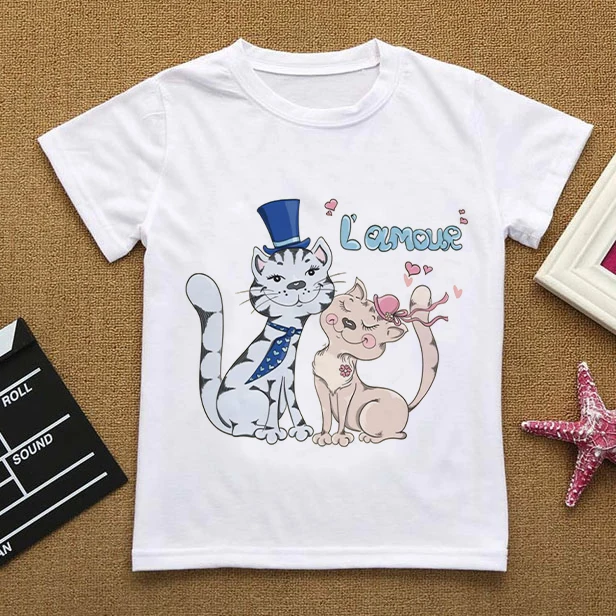 Camiseta de dibujos animados Love You Cat para niñas, ropa de verano con flores, Top de manga corta blanco