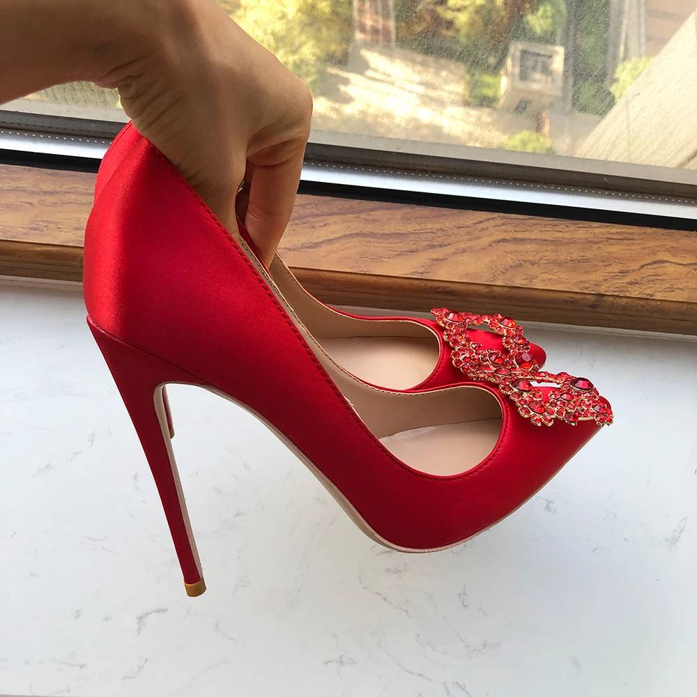 Tikicup Square Rhinestones Women Red Silk Satin Pointy Toe High Heel Wedding Bridal Shoes Elegant Ladies Stiletto Pumps 33-45