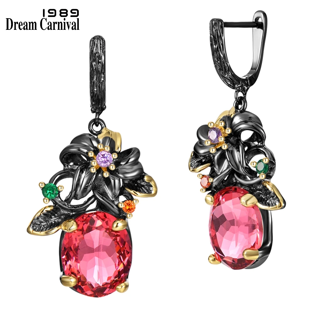 DreamCarnival 1989 Elegant Baroque Earrings Big Fuchsia Zircon Flower Gun Black Gold Color Women Fashion Jewelry Gift WE3799FU