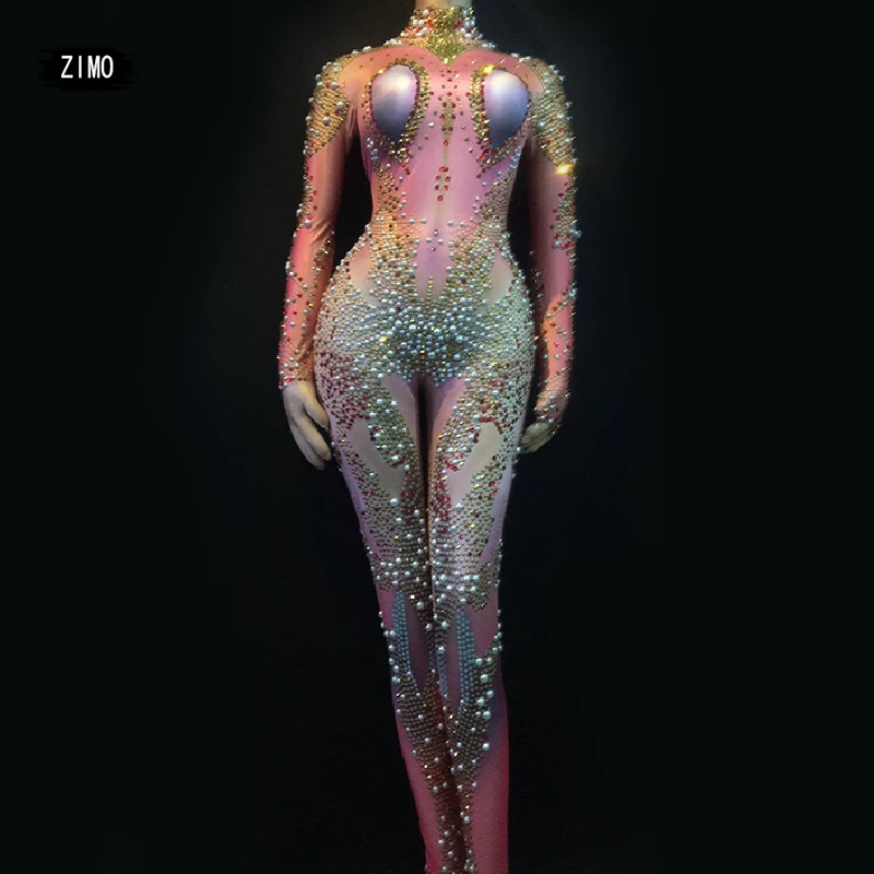 

fashion Women Sexy Stage Big Rhinestones Jumpsuit Glisten Bodysuit Dance performance Costume Birthday Singer nightclub romper