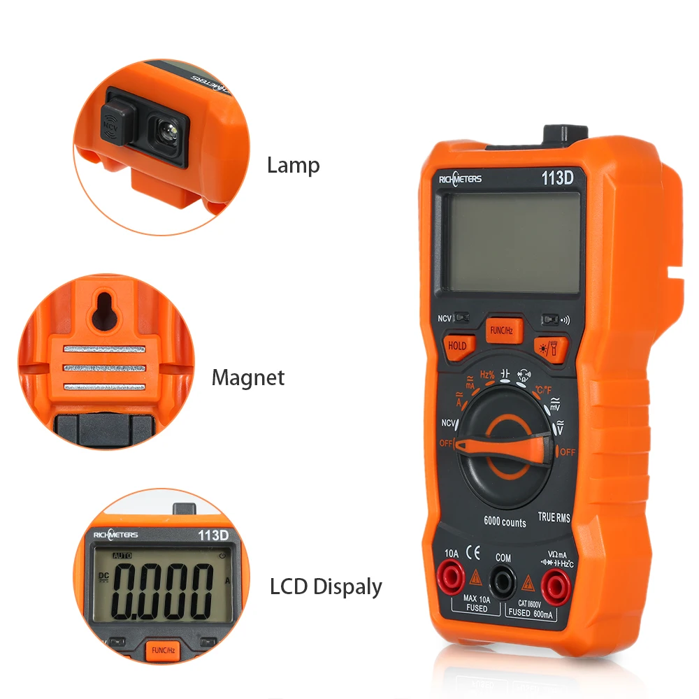 RICHMETERS RM113D Digital Multimeter 6000 Counts NCV Voltage Temperature Measuring Meter with Magnetic Suction & Flash Light