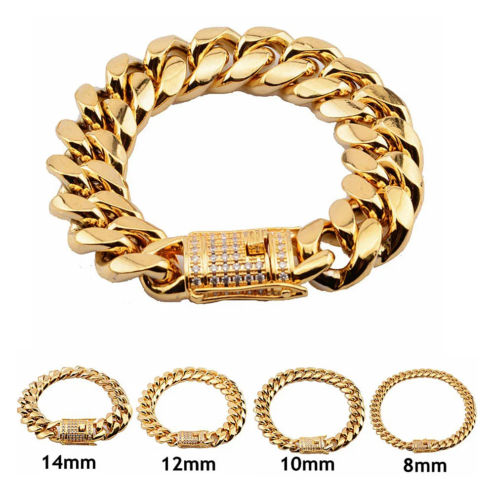 Bling Iced Out CZ Clasp Stainless Steel Miami Curb Cuban Chain Bracelet Dragon Casting Clasp Bangle Hip hop Men Hand Jewelry