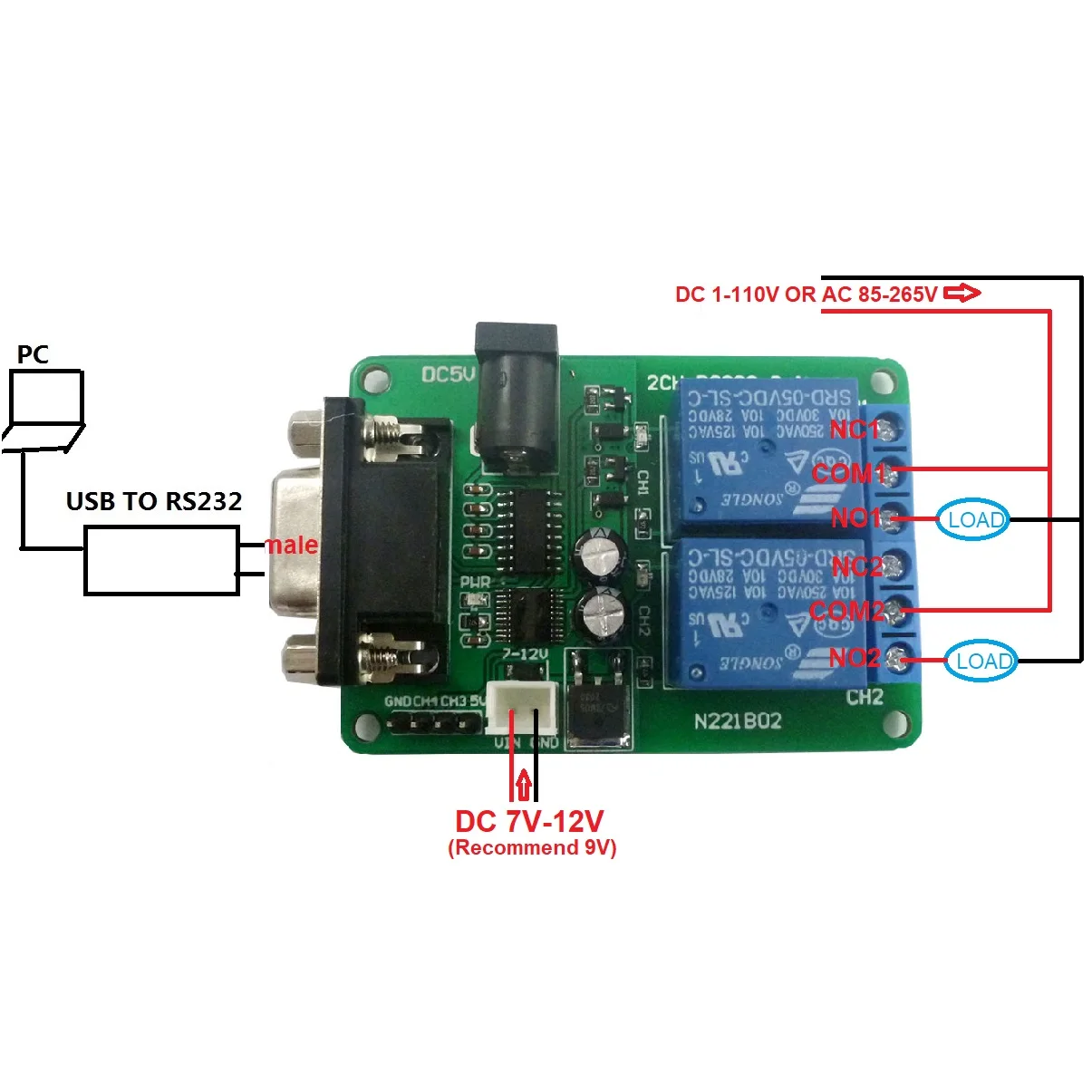 N221B02 2CH Relay Board Remote Control DC 5V 7.5V 9V RS232 USB PC UART COM Serial Ports