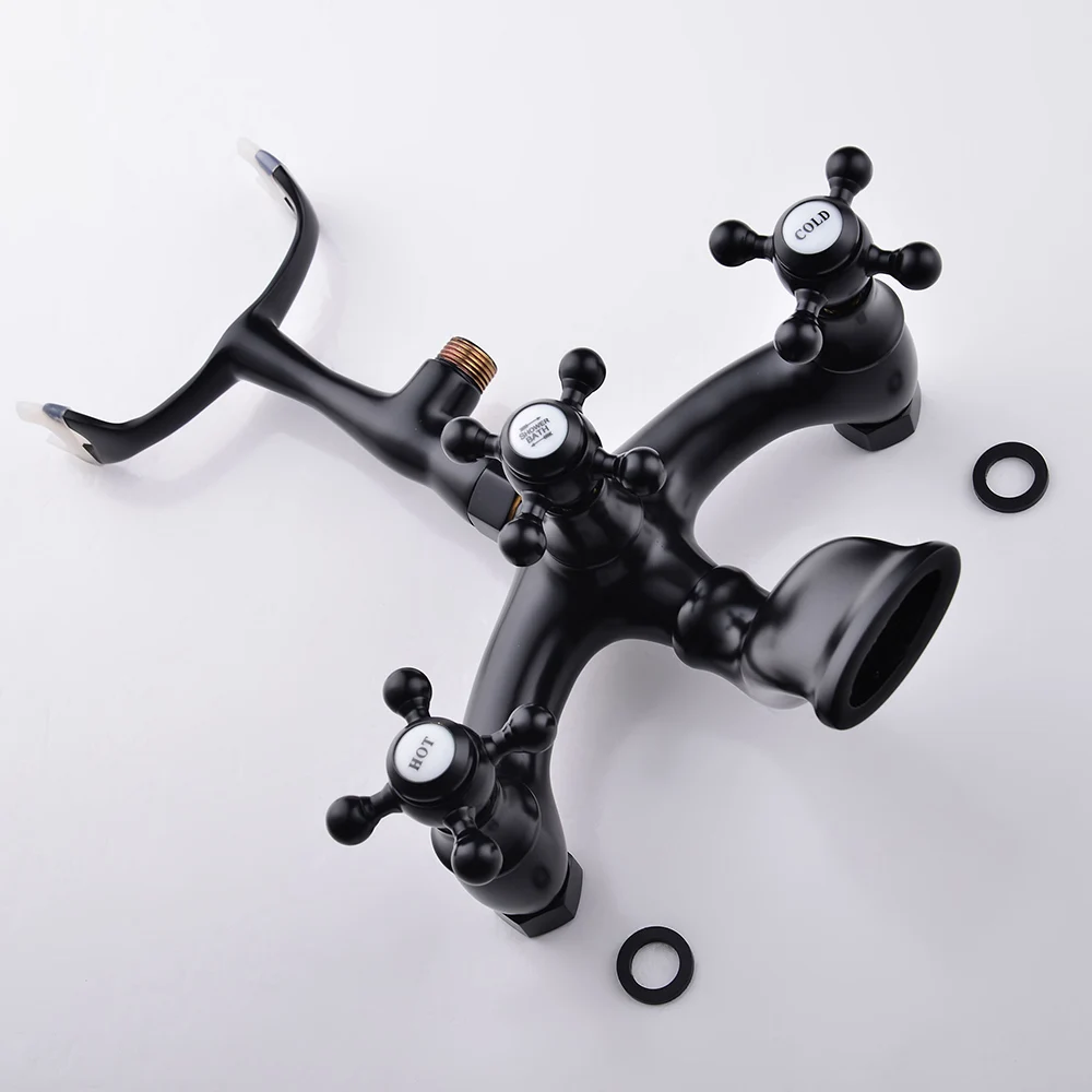 SKOWLL Rubinetto per vasca da bagno a croce a 2 fori Maniglie montate sul piano Rubinetto per lavabo con doccetta Nero WW-2503