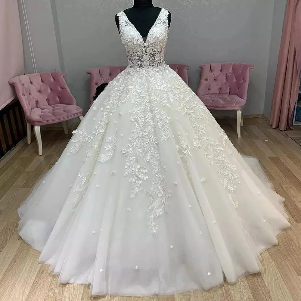 

ANGELSBRIDEP V-Neck Ball Gown Wedding Dresses Vestido De Noiva Sexy See-Though Bodice Court Train Formal Bride Wedding Gowns HOT