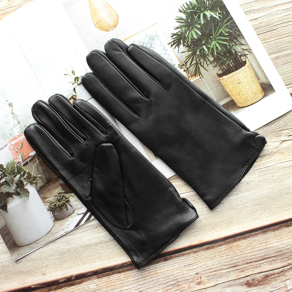 New men\'s imported sheepskin gloves button classic fashion leather gloves long fingers with wool knitted lining gloves