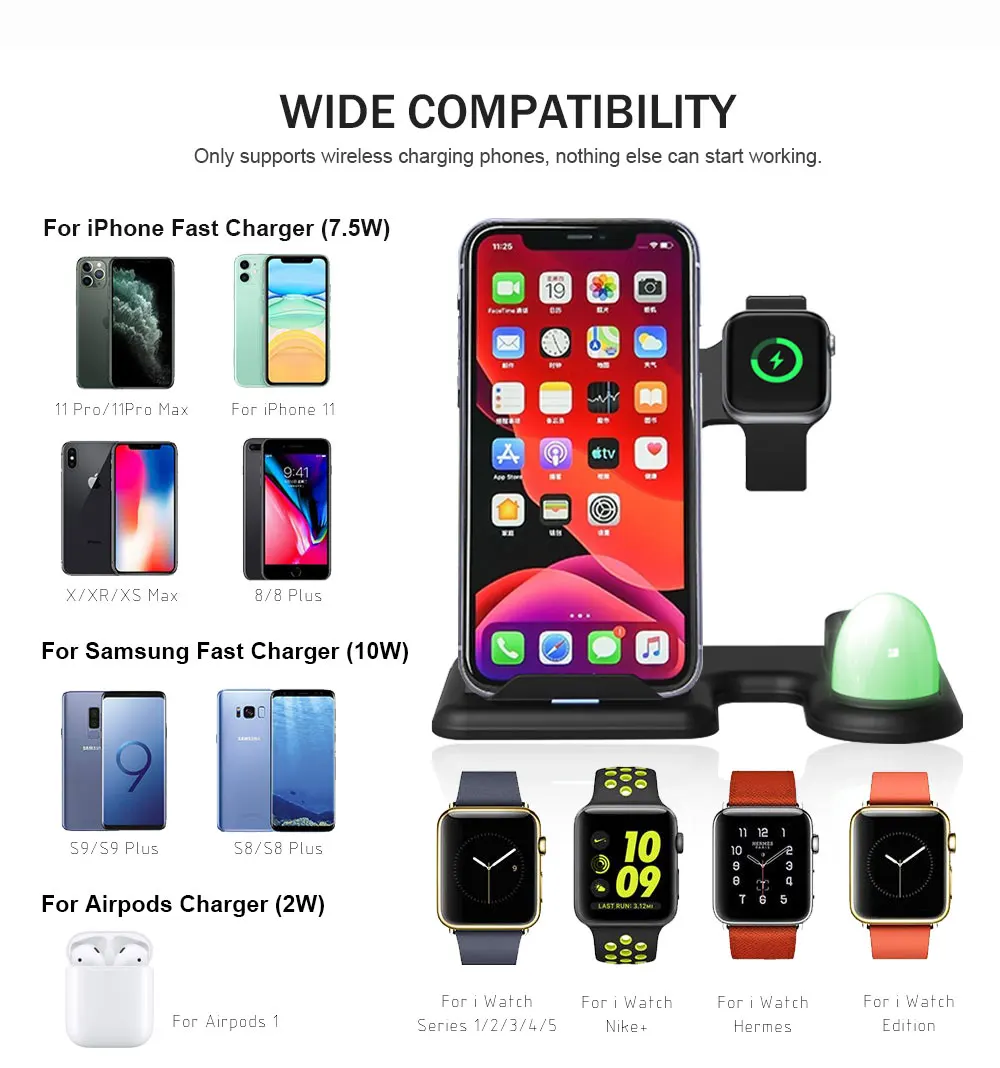 

10W 3 in 1 Wireless Charger Fast Charging Dock Station Cargador Cellphone For iWatch 5 4 3 AirPods Pro For iPhone 11 XS XR X 8