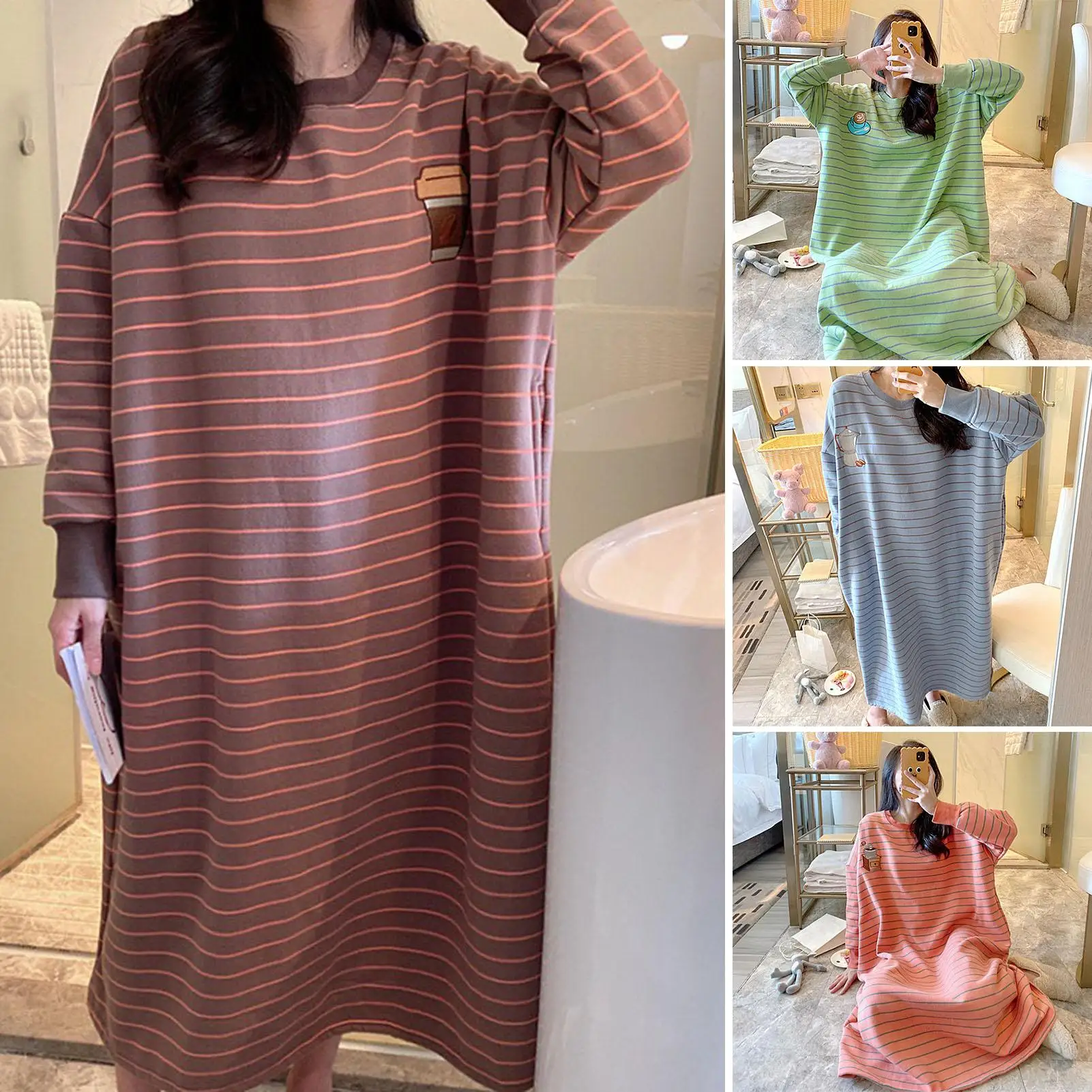 Cute Cartoon Pattern Night Dress Women Sleepwear Homewear Long Sleeve Sleep Tops O Neck Knee Length Nightgown Femme Night Dress