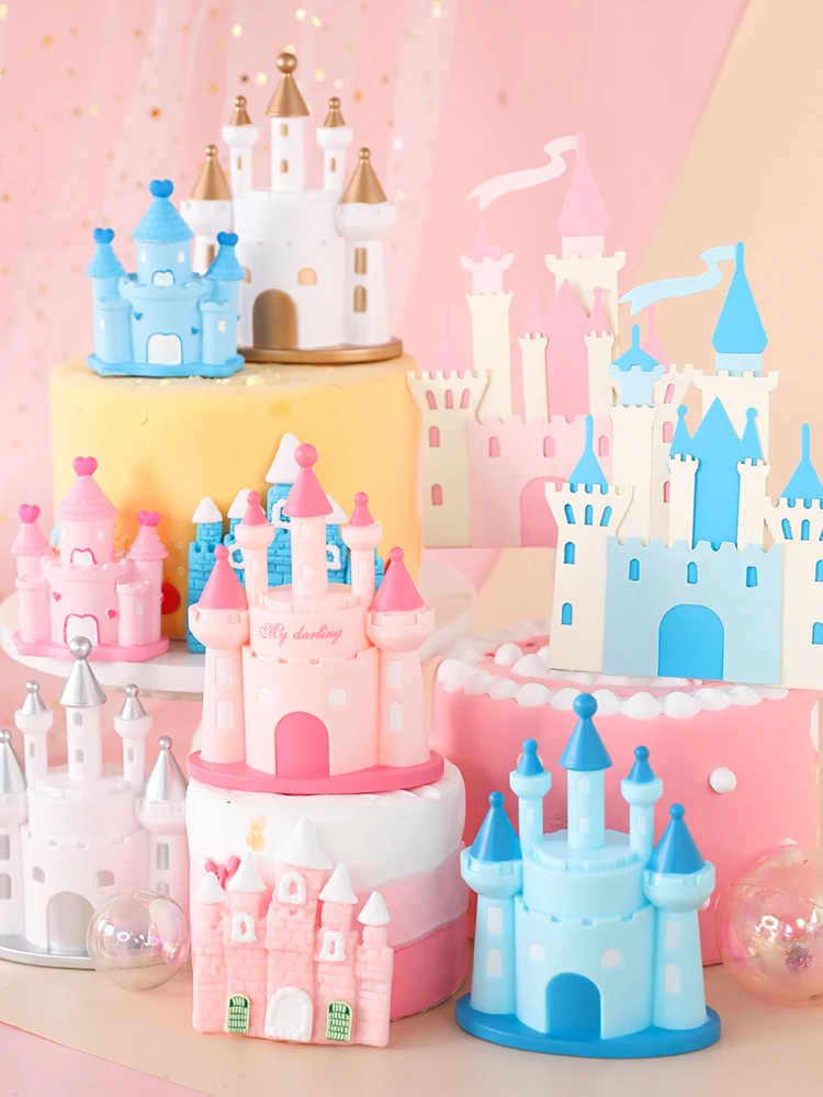 Happy Birthday Decoration  Princess  Prince Castle Dessert Dress Pink Blue Baking Cupcake Cake Toppers Cake Flags Pary Supplies