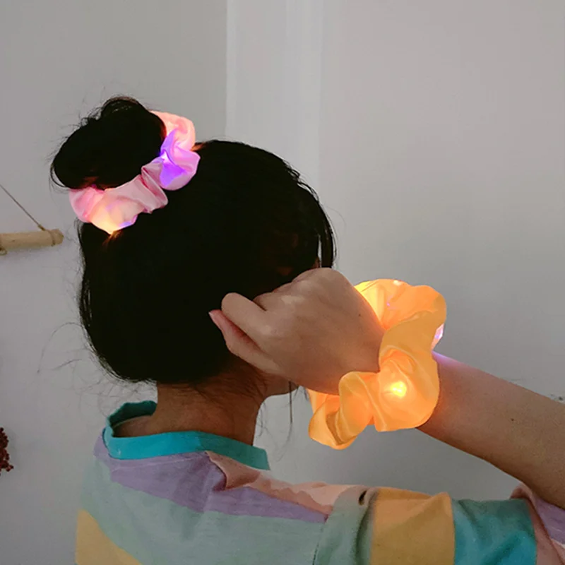 Women Girls LED Glow Scrunchies Hairband Ponytail Holder Headwear Silk Elastic Hair Bands Solid Color Hair Accessories