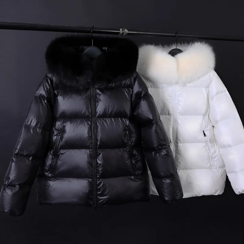 Maomaokong Winter Female Parkas White Duck Down Jacket Real Fox Fur Collar Hooded Warm Women\'s Feather Coat Outwear