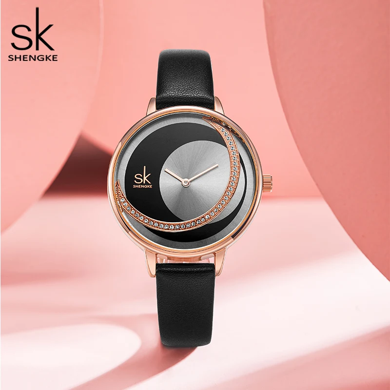 Shengke Creative Watch For Women Black Leather Dress Women\'s Watch Original Brand Quartz Wrist Watches Creative Reloj Mujer