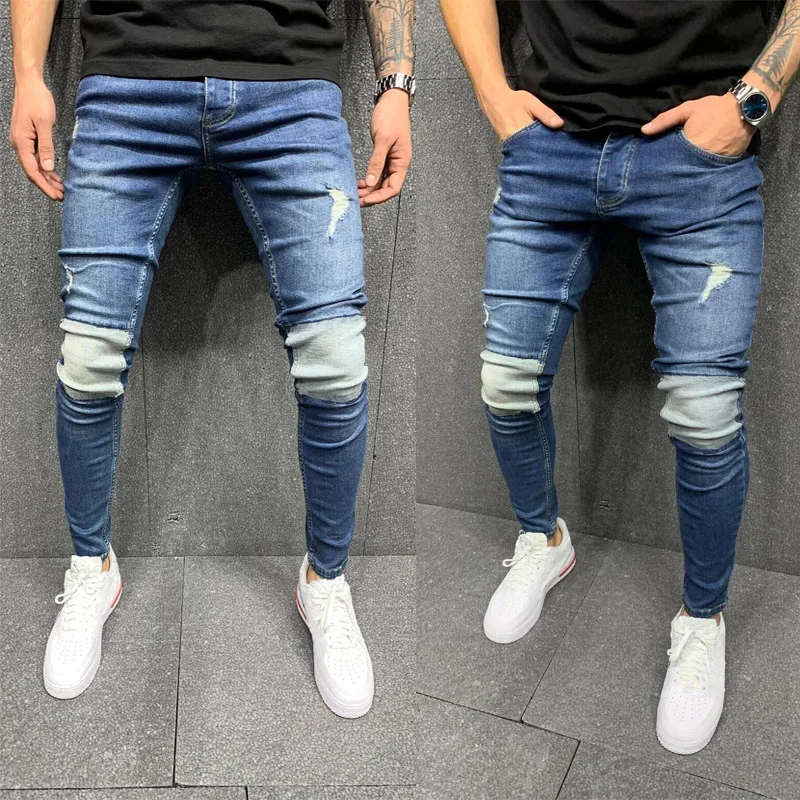 

2021Mens skinny ripped jeans slim Patchwork blue Denim pants pencil pants street hip-hop denim trousers fashion cowboy clothing