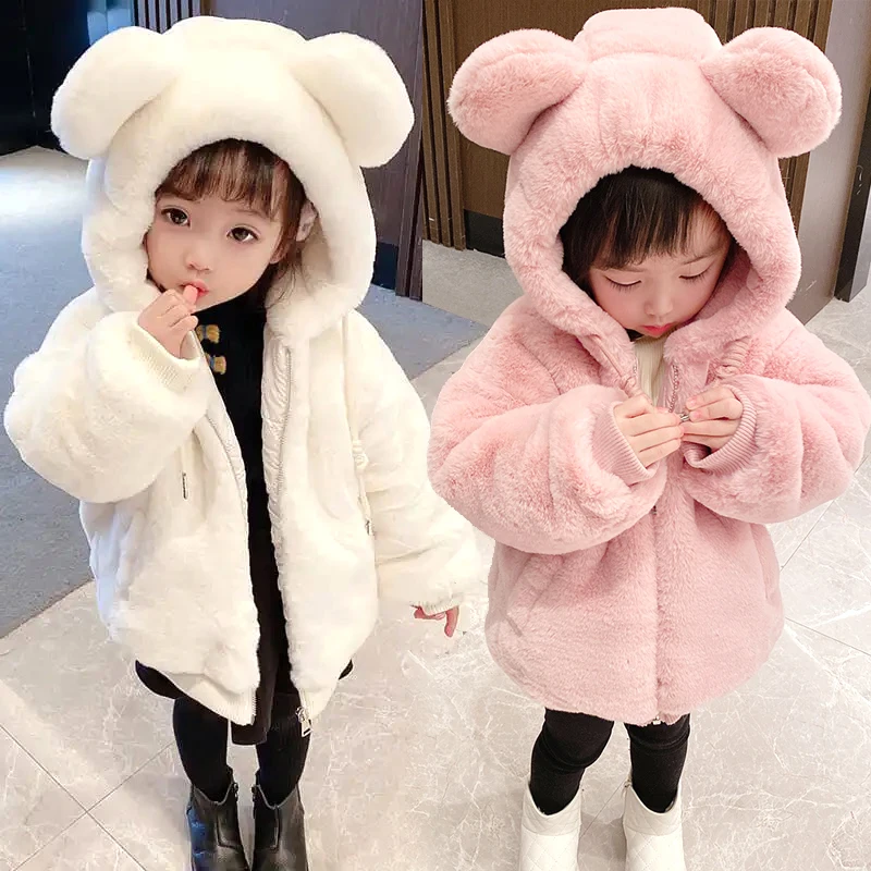 Cute Big Ear Plush Baby Jacket New Autumn Winter Warm Faux Fur Coats For Girls Hooded Snow Coat Soft Children Ouertwear Clothing