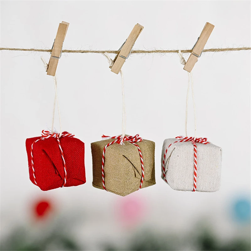 4*4cm Linen Gifts Box Christmas Tree Decoration Pendants Hanging Ornaments Crafts Xmas New Year Party Wedding Home Decor 63073