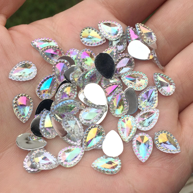 100pcs/lot 7*10mm white AB color water drop shape flat back rhinestone wedding decoration buttons