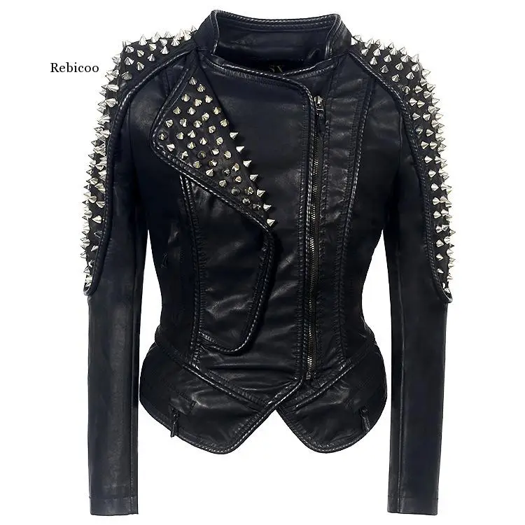 

Women Leather Jacket New Spikes Stars Slim Metal Silver Rivet Metallic Pu Punk Biker Coats