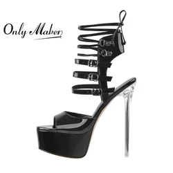 Onlymaker Women Sandals High Heels Patent Leather Black Lace Up Belt Buckle Metal Platform Causal Large Size Sandals