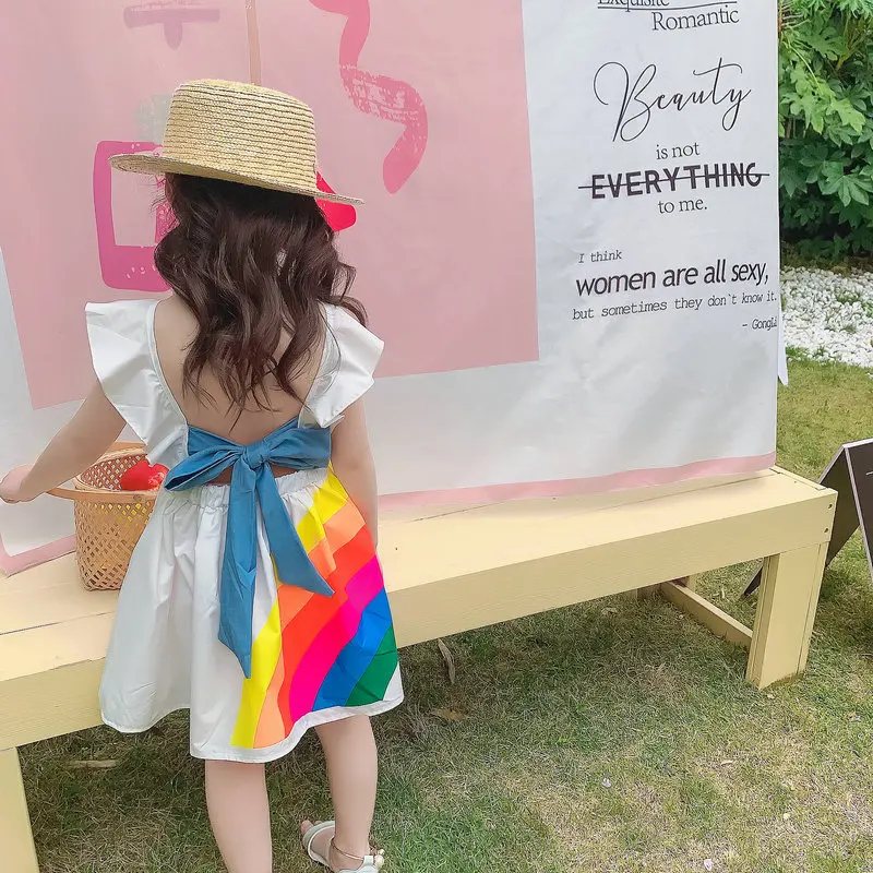 

Summer Baby Kids Girls Rainbow Dress 2021 Fashion Princess Dress Fleap Sleeves Tulle Dress Princess Wear 2021 Summer Casual Wear