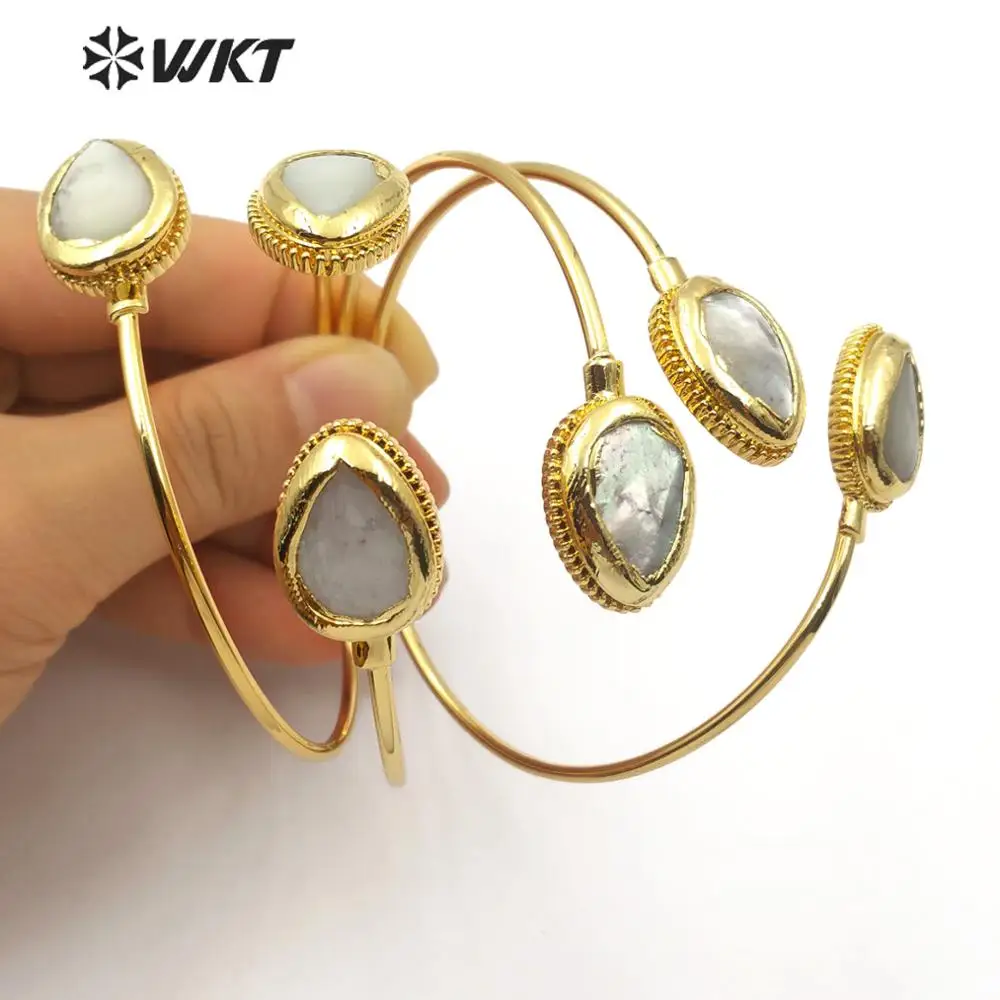 WT-B507 Natural Shell Bracelet Teardrop Double Gold Trim Shell Bangle Gold Electroplated wristband Fashion Woman Shell Bracelet