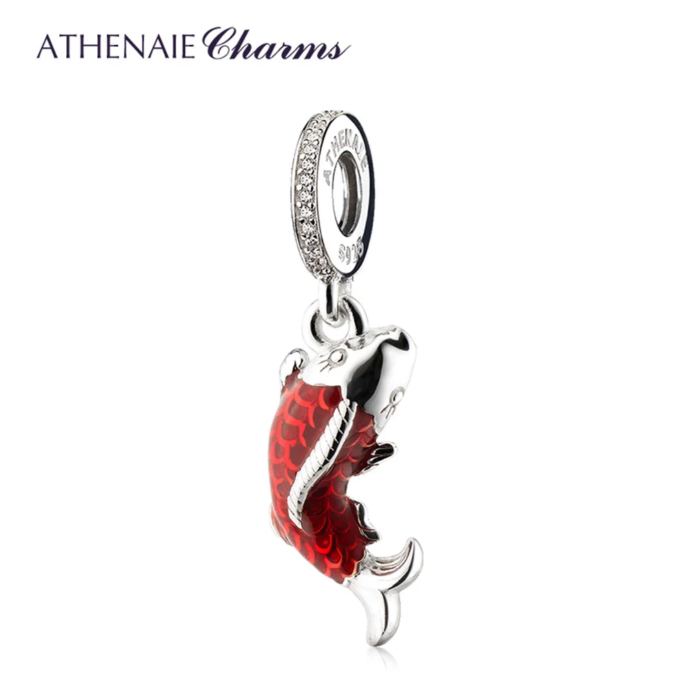 ATHENAIE Chinese Good Fortune Carp Fish Pendant 925 Sterling Silver Red Enamel Dangle Charms for Bracelet and Necklace New Year