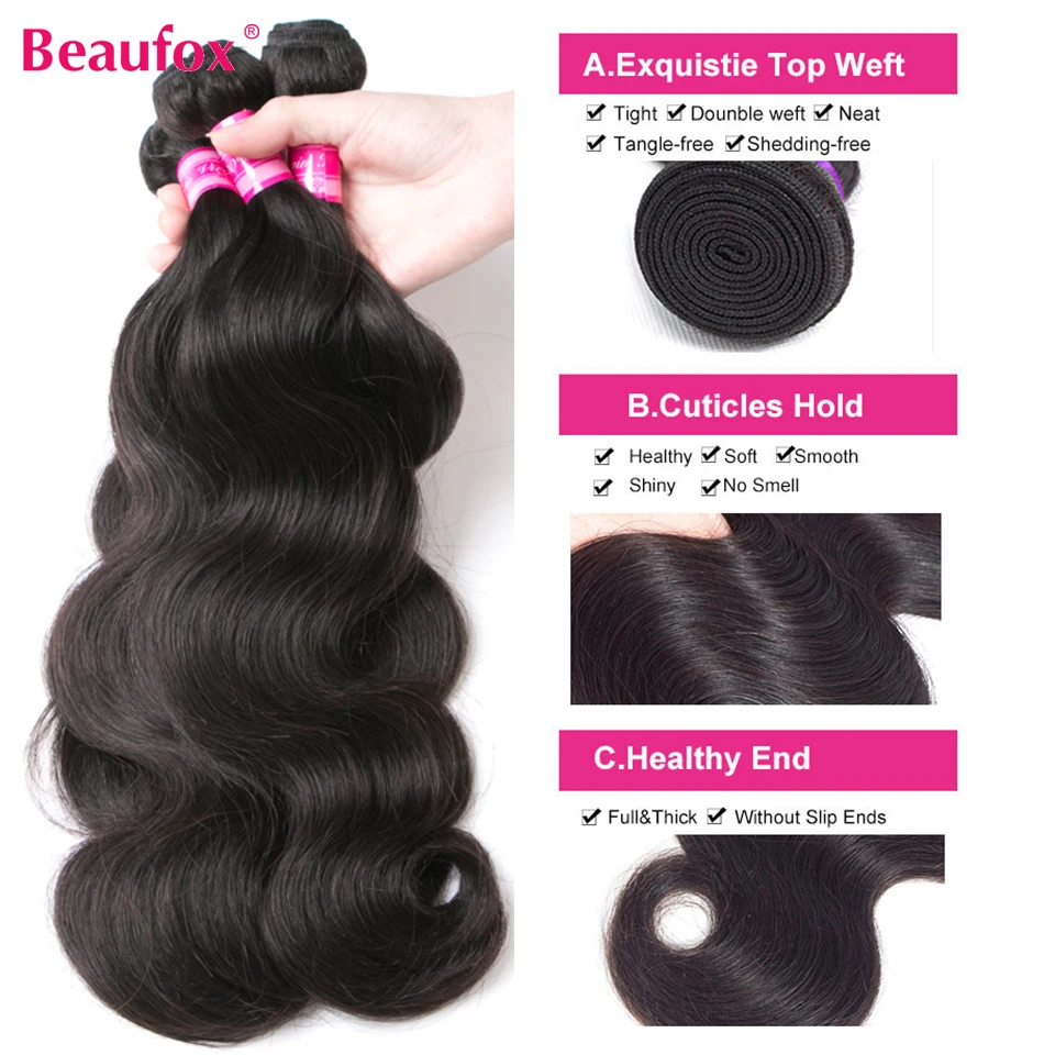 Mechones Body Wave Beaufox, tejido brasileño, 1/3/4 piezas, cabello humano, negro natural o jet black, 8-30 pulgadas, extensiones Remy 2