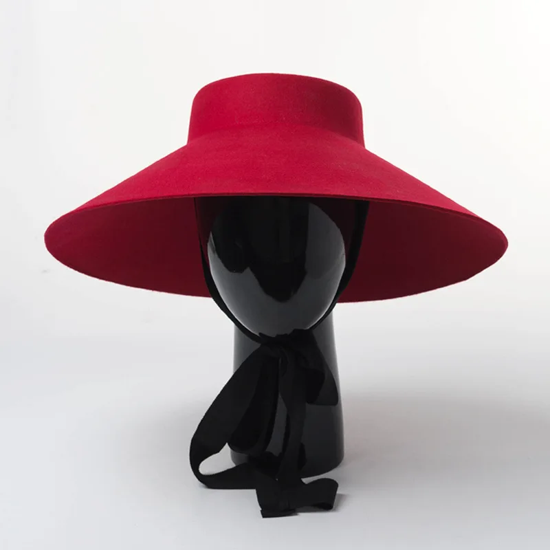 

New Wool Big Wide Brim Top Hat Stage Catwalk Concave Top Fedora Hats For Women Men Caps Winter Warm Fashion Red Black Cloche Hat