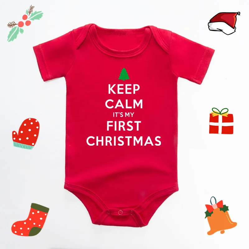 It\'s My First Christmas Reindeer Print New Year\'s Baby Clothes Red Bodysuit Cotton Christmas Romper Cute Infant Jumpsuit