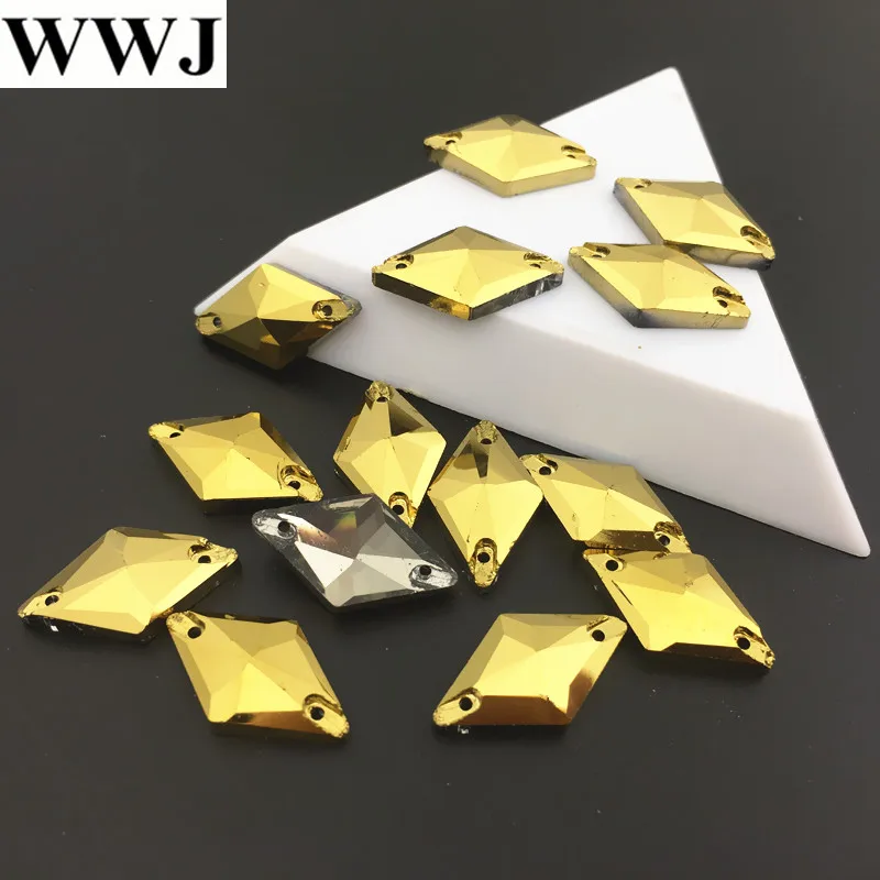 11x19mm Glass Crystal Sewing Glass Rhinestone Rhombus Sew On Stone Gold Hematite Color Flatback 2 holes Sewing Jewelry Beads