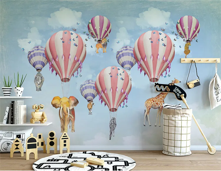 

Hot Air Balloon Giraffe Elephant Animal 3D Cartoon wallpaper mural for Kids Children room 3d Cartoon Sticker 3d Wall Paper