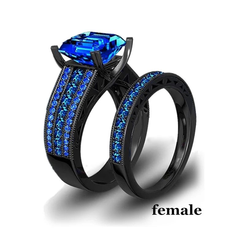 Fashion Jewelry Lovers Rings Women's Blue Zircon Engagement Ring Sets Men's Stainless Steel Wedding Band Anniversary Gift