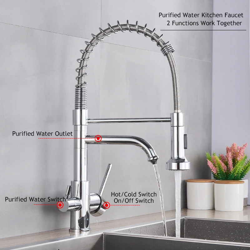 Purified Water Kitchen Faucet Pull Down Spray Stream Head Dual Handle Faucet 360 Rotate Deck Mount Drinking Water Mixer Tap