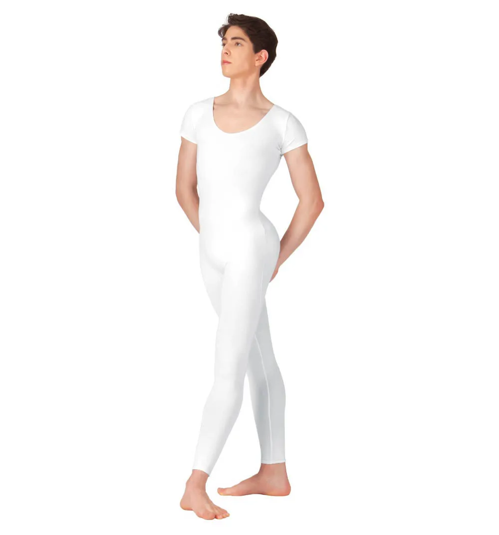Adult Men One Piece Unitard Nylon Spandex Ballet Short Sleeve Jumpsuit Dance Costumes Bodysuit Scoop Neck Footless Gymnastic