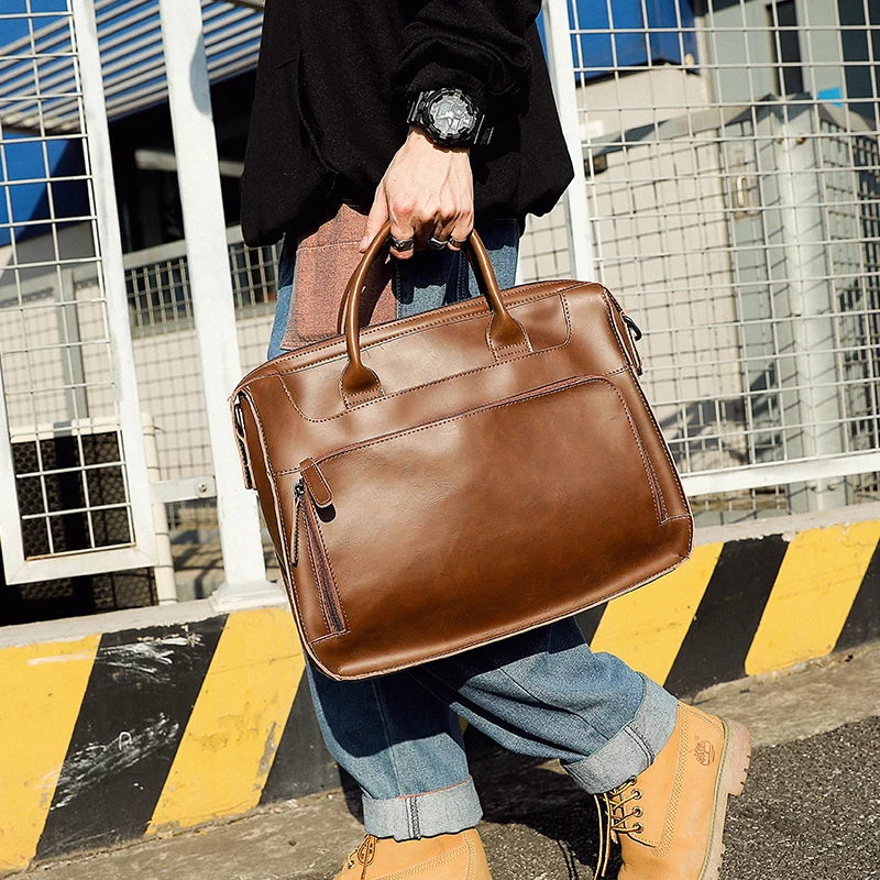 Brand Men's Briefcase Handbag Crazy Horse Pu Leather Messenger Travel Bag Business Men Tote Bags Man Casual Crossbody Briefcases