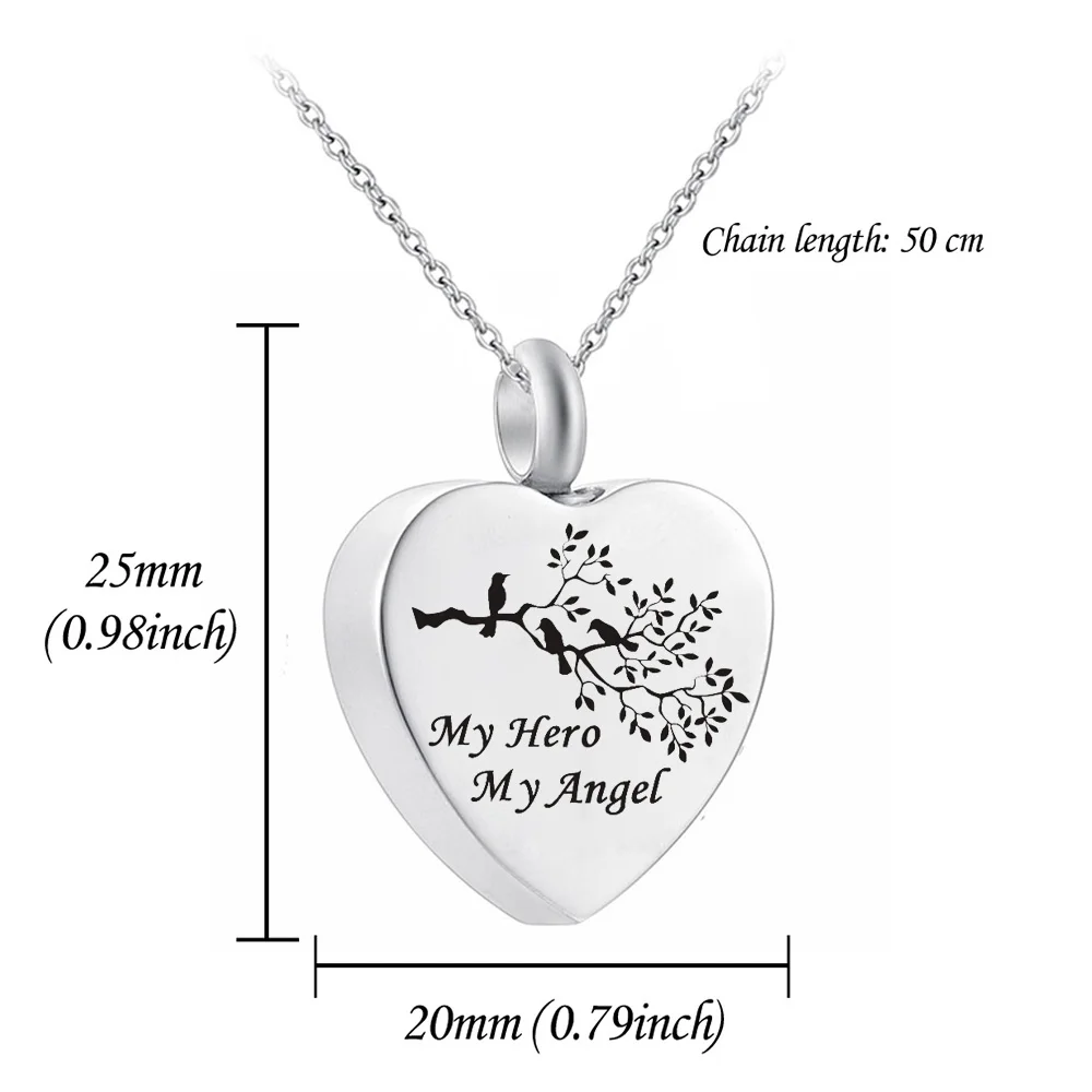 Coração de prata três pequenos pássaros urna colar cremação jóias pingente memorial de aço inoxidável para cinzas-meu herói meu anjo