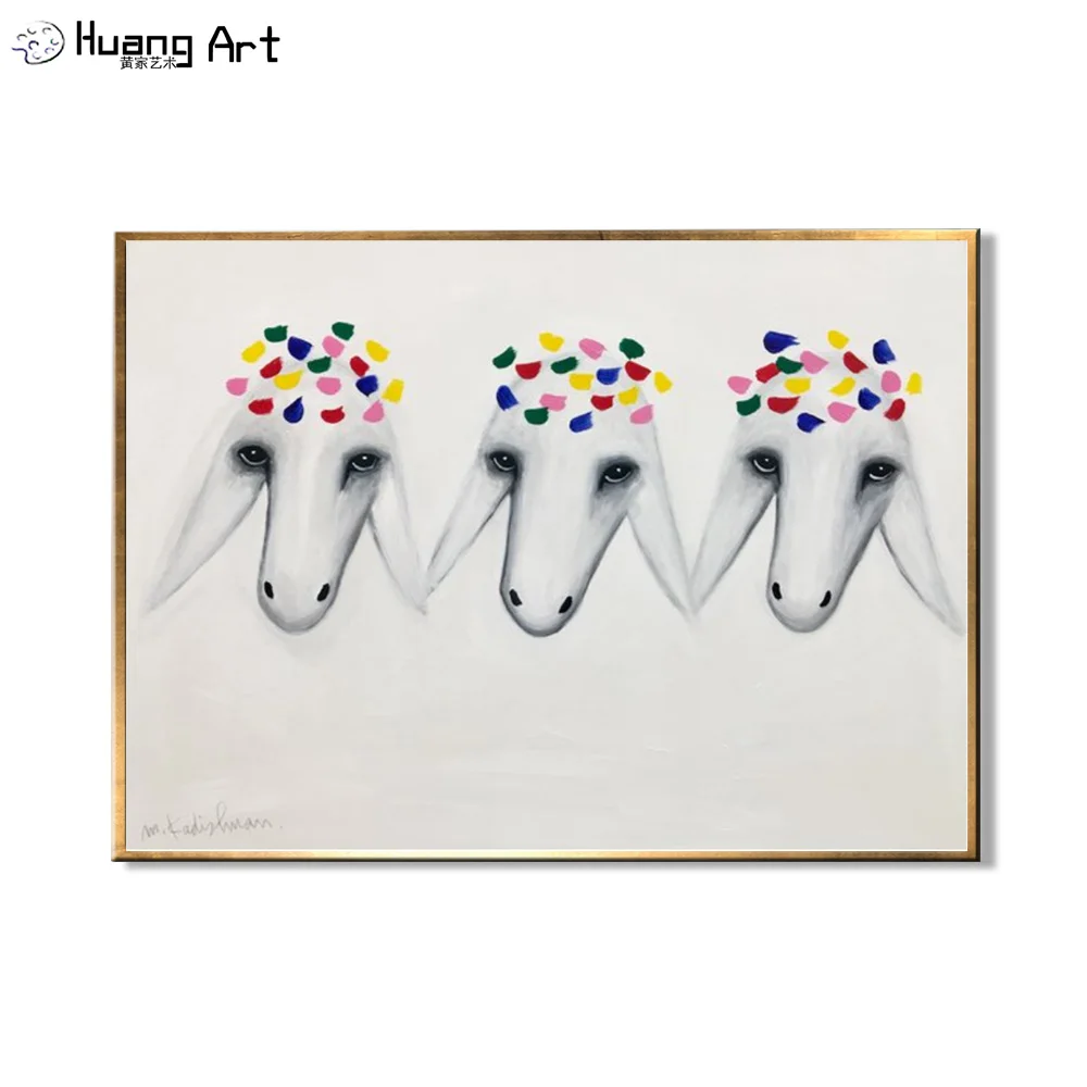 Hand-Painted Three Sheep Head Oil Painting for Living Room Decor Modern Animal Wall Painting Famous Paintings White Sheep