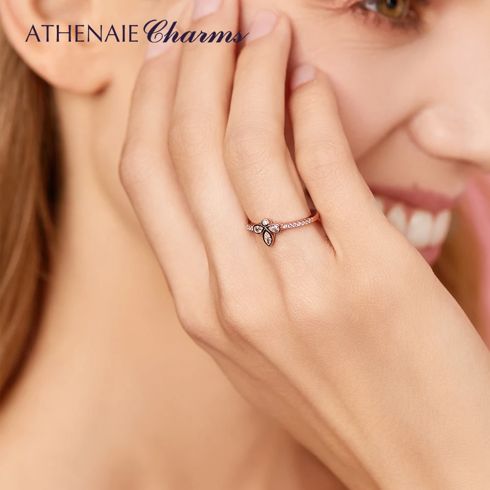ATHENAIE Trendy 100% 925 Sterling Silver Color Rose Gold Clear CZ Clover Rings for Women Silver Jewelry For Women Wedding