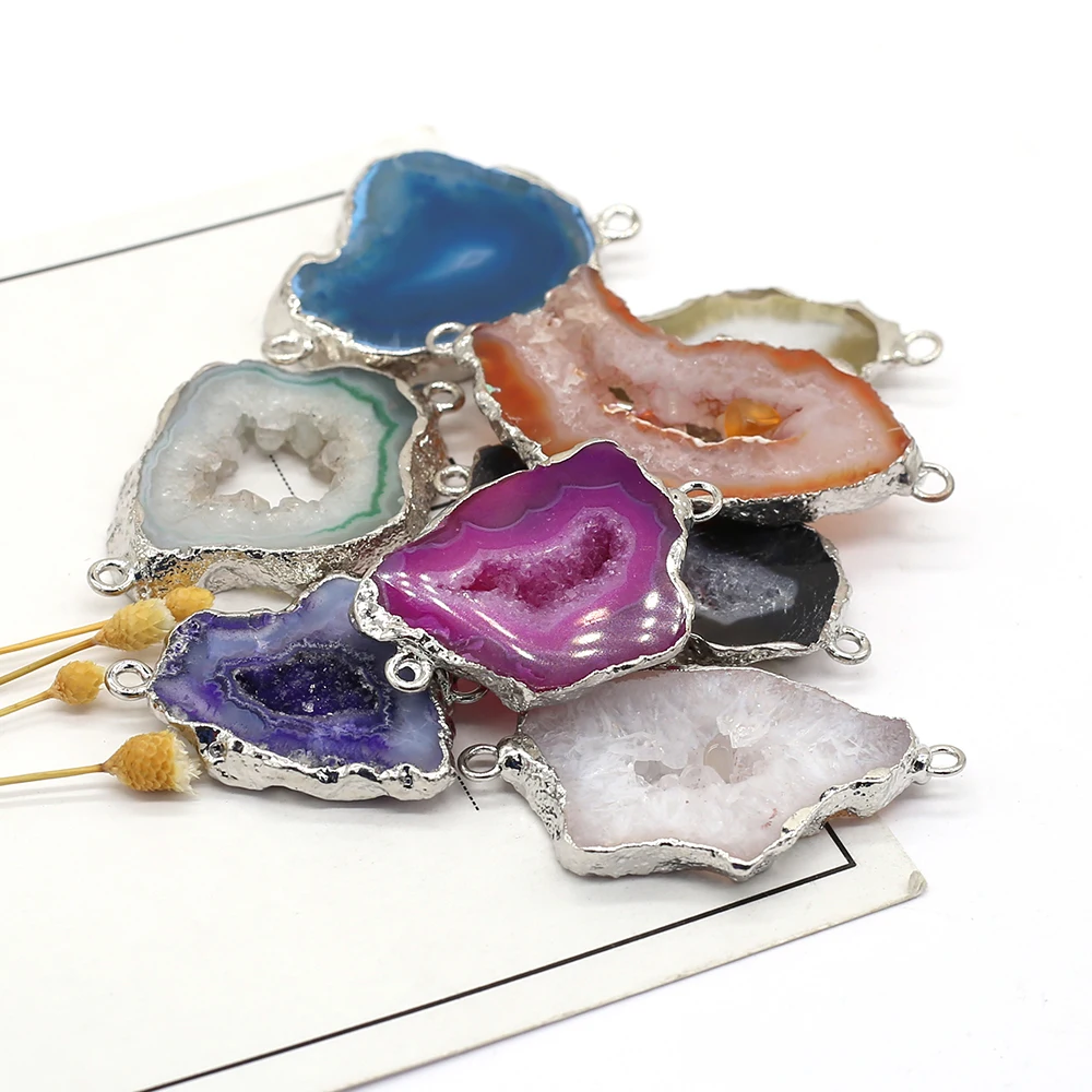 Natural Stone Pendant Irregular Shape Slice Agate Two-Hole Charms For Jewelry DIY Necklace Bracelet Connector Accessories Making