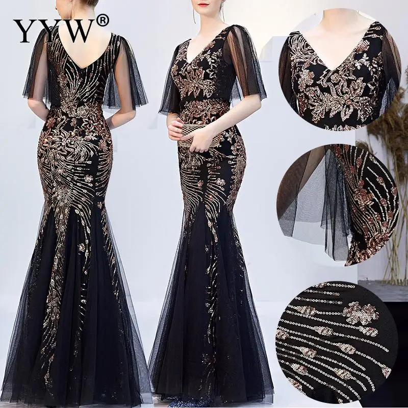 Batwing Sleeve Evening prom Dresses Luxury Black Mesh and Gold Floral Sequined V Neck Mermaid Dress Formal Party Long Dress 2024