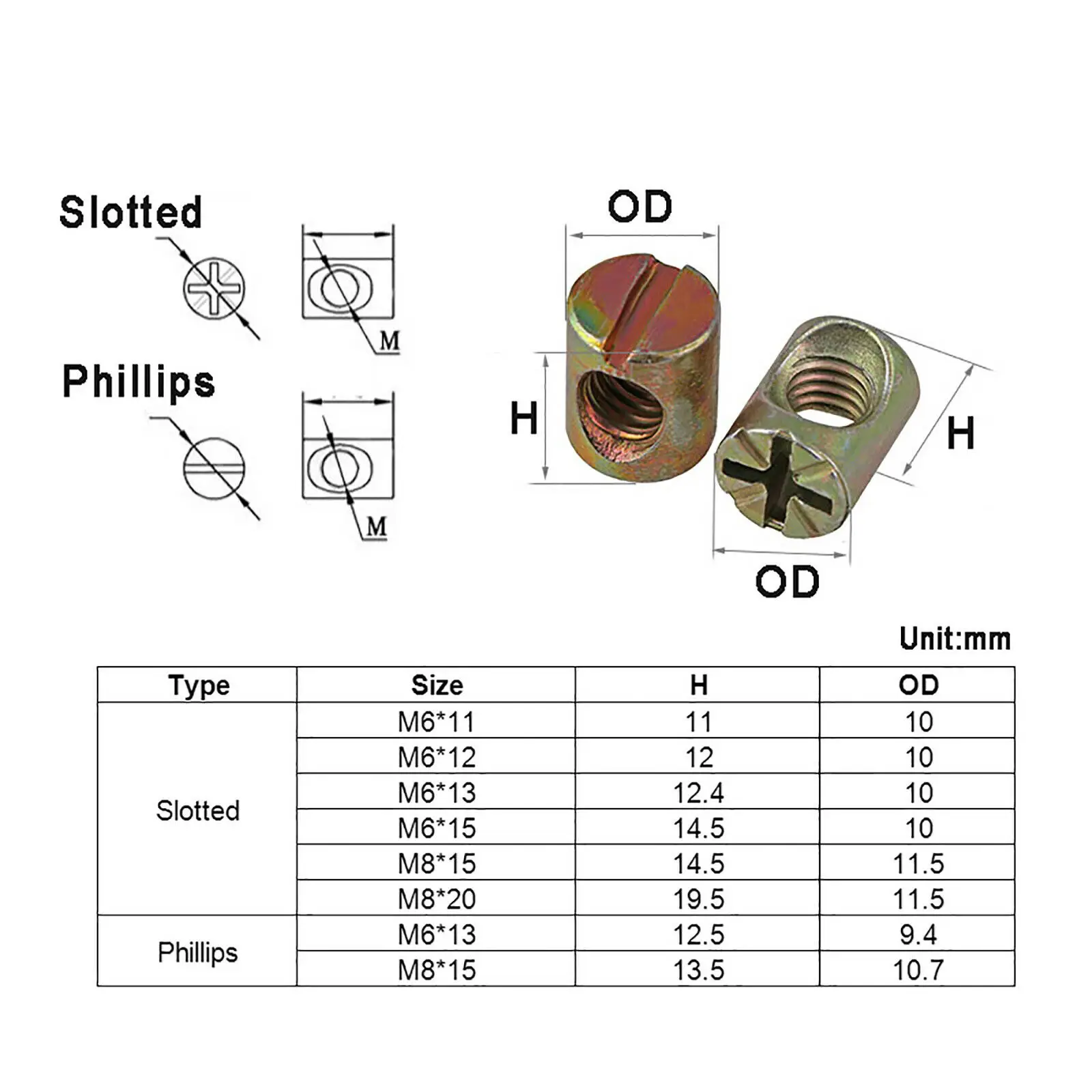 M6 M8 Slotted/ Phillips Barrel Nut Bolt Cross Dowel Slotted Hammer Embedded Nut For Beds Chairs Furniture Color Zinc Plating