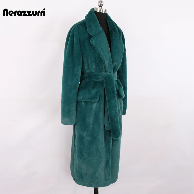 Nerazzurri Winter Long Green Warm Soft Loose Fluffy Faux Fur Coat Women Belt Lapel Elegant  Luxury Designer Korean Fashion 2021