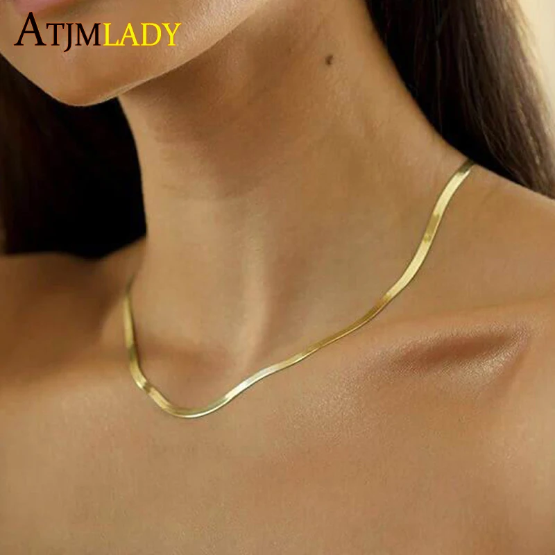 100% 925 Sterling Silver 3mm Width Snake Bone Chain Necklace For Women Girl Delicate Gold Color Flat Choker Stacking Jewelry