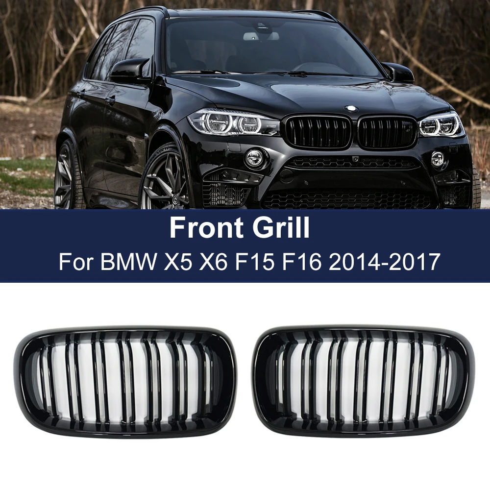 

Car Bumper Hood Kidney Grille Double 2 Slat Racing Grilles For BMW X5 X6 M F15 F16 F85 F86 2014-2017 Front Grill Glossy Black