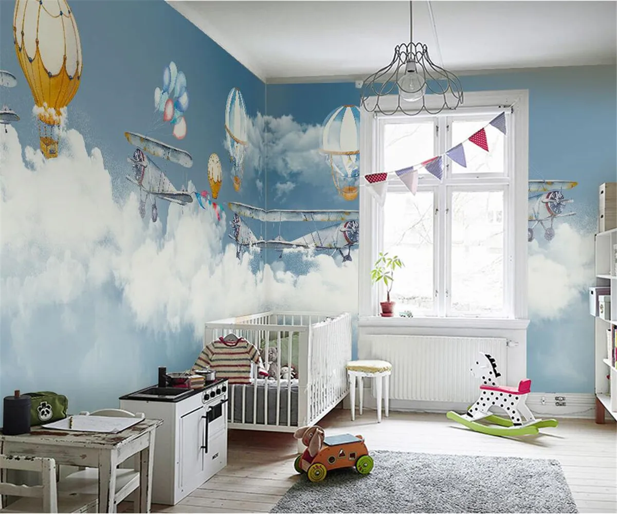 Papel tapiz personalizado para habitación de niños, foto nórdica pintada a mano, globo aerostático de dibujos animados, cielo estrellado, Mural de