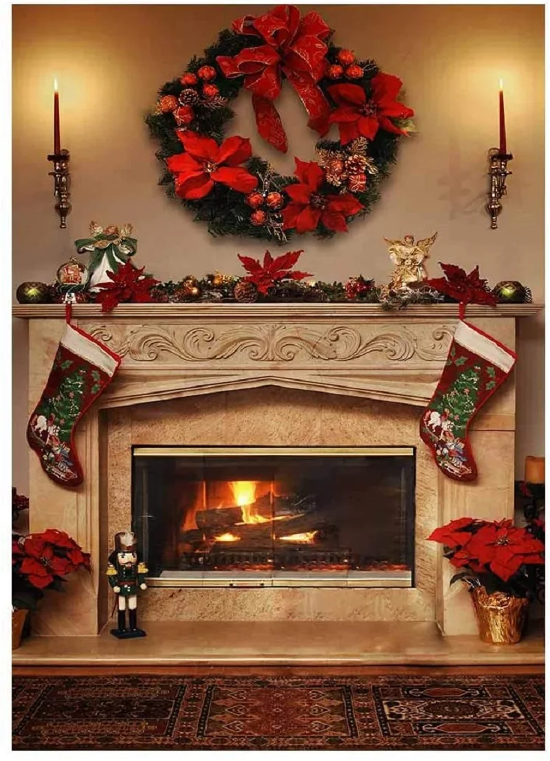 Winter Christmas Fireplace Photography Backdrop Interior Vintage Xmas Stockings Background Portrait Banner Party Decorations