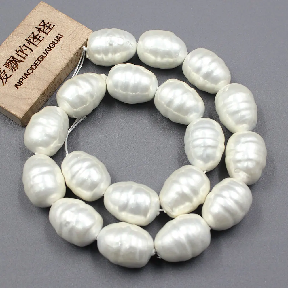 APDGG Big Natural White Thread Oval Egg Sea Shell Mother of pearl Loose Beads 15.5'' For Necklace Jewelry Making DIY