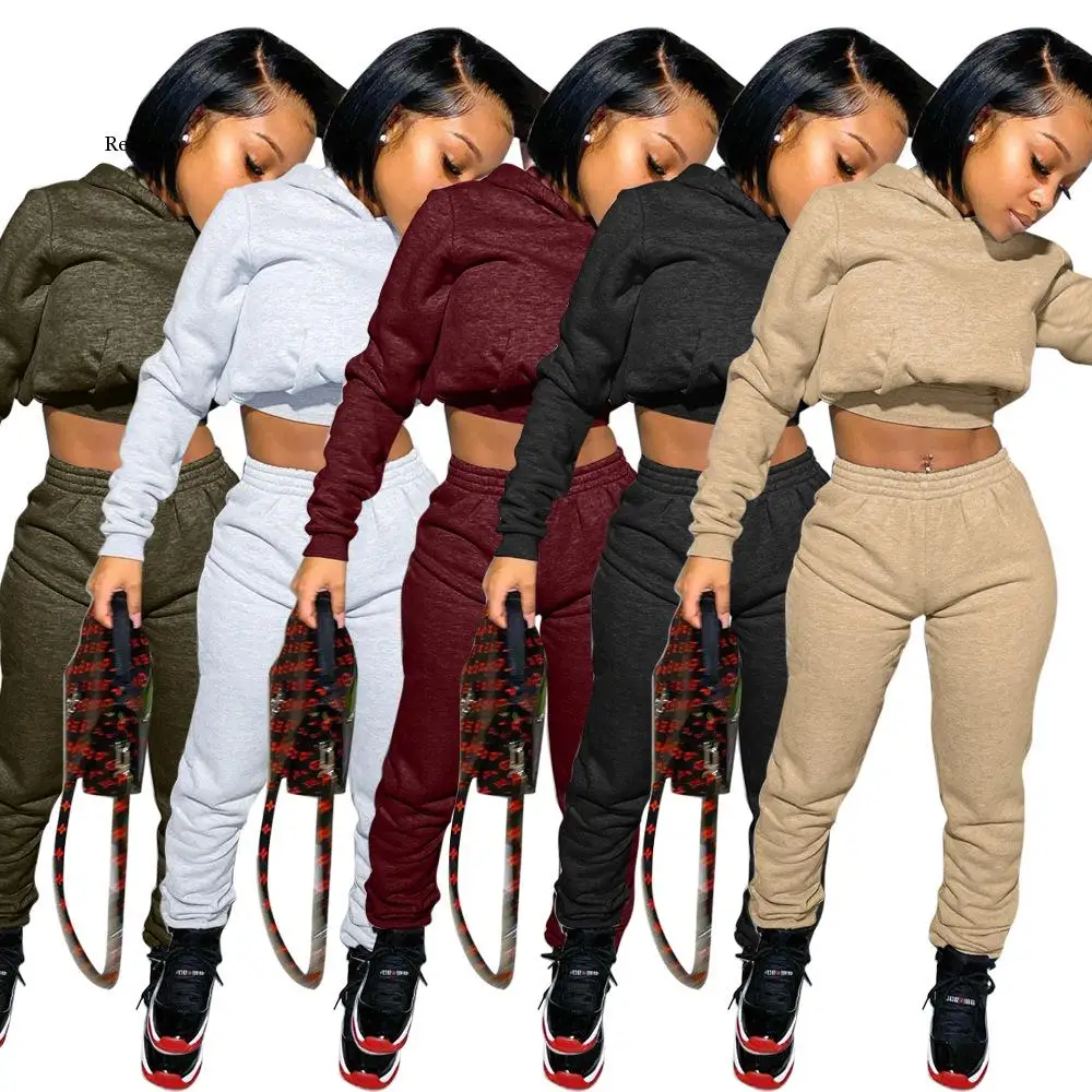 

Hoodie Sexy Crop Top 2 Piece Fall Set Autumn Winter Women Outdoor Casual Solid Top and Long Pants Tracksuit Sweatsuit Outfits