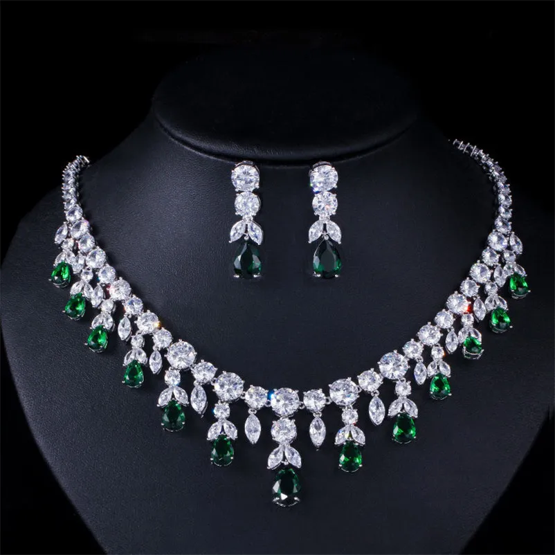 CC Wedding Jewelry Sets For Women Shine Necklace Earrings Created Emerald Stone Party Accessories